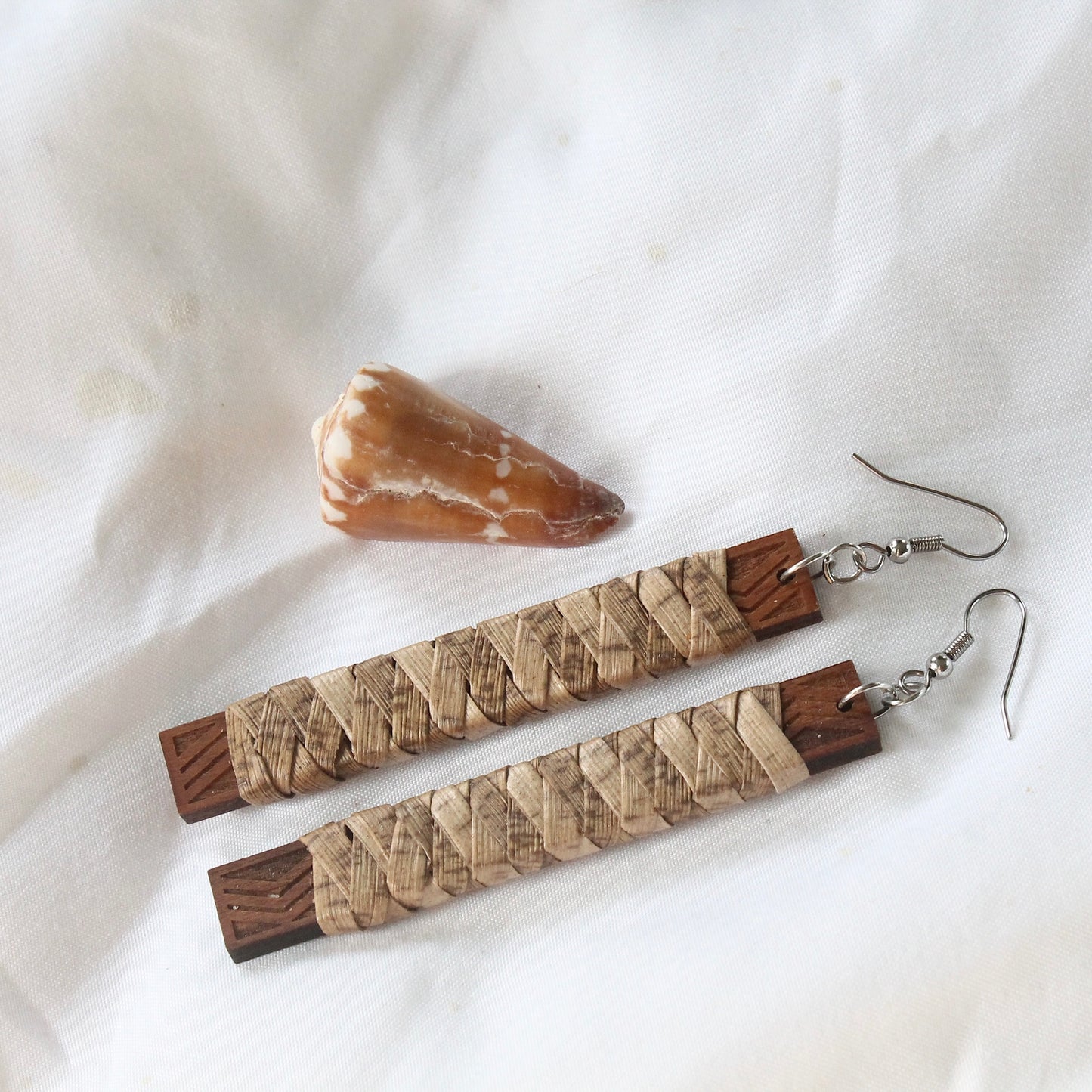 Lauhala Wrapped Wood Bar Earrings