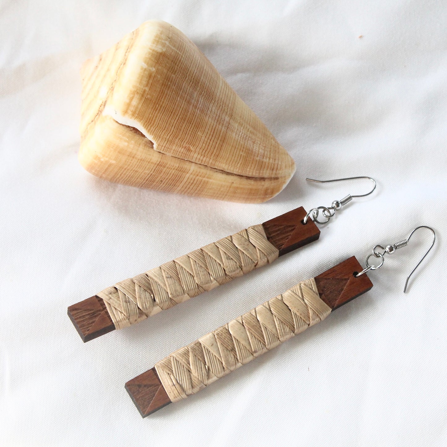 Lauhala Wrapped Wood Bar Earrings