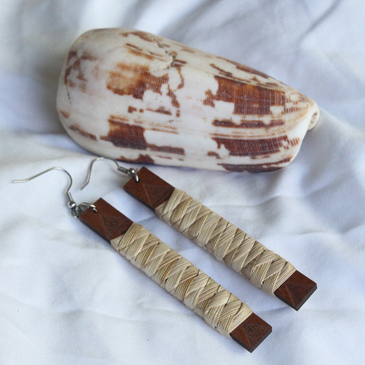 Lauhala Wrapped Wood Bar Earrings