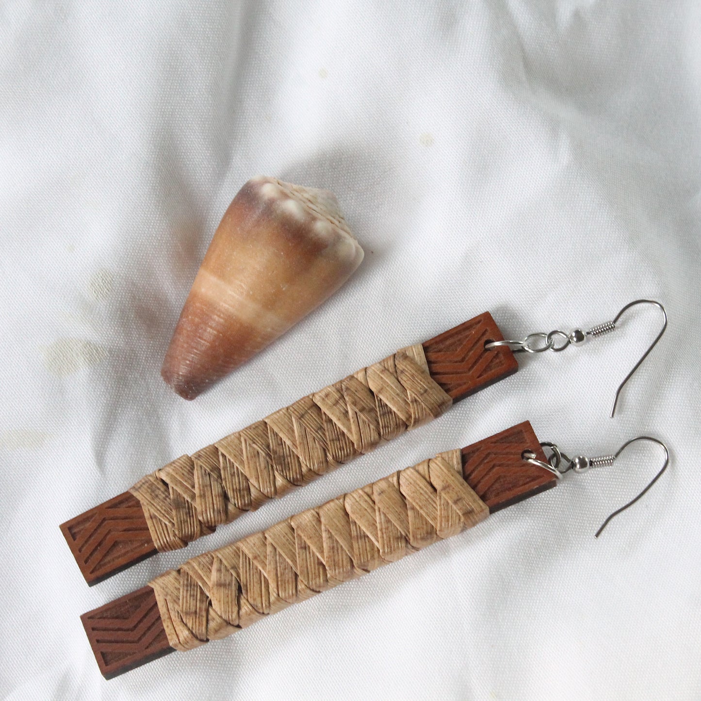 Lauhala Wrapped Wood Bar Earrings