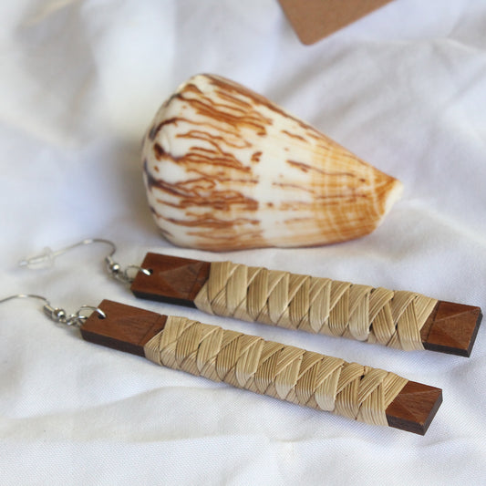 Lauhala Wrapped Wood Bar Earrings